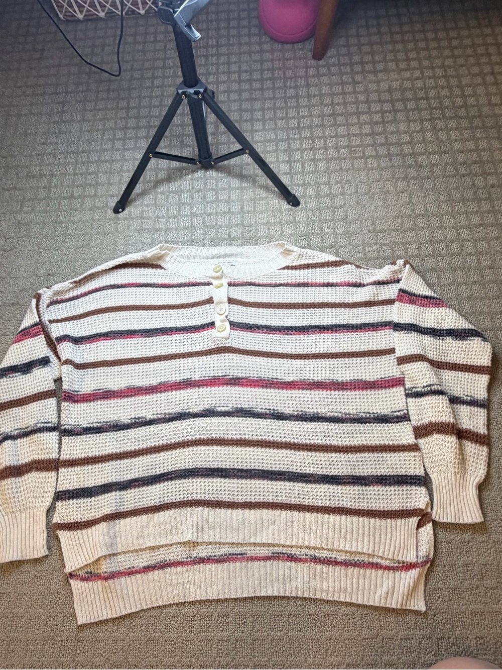 aerie Cream Stripe Henley Knit Sweater